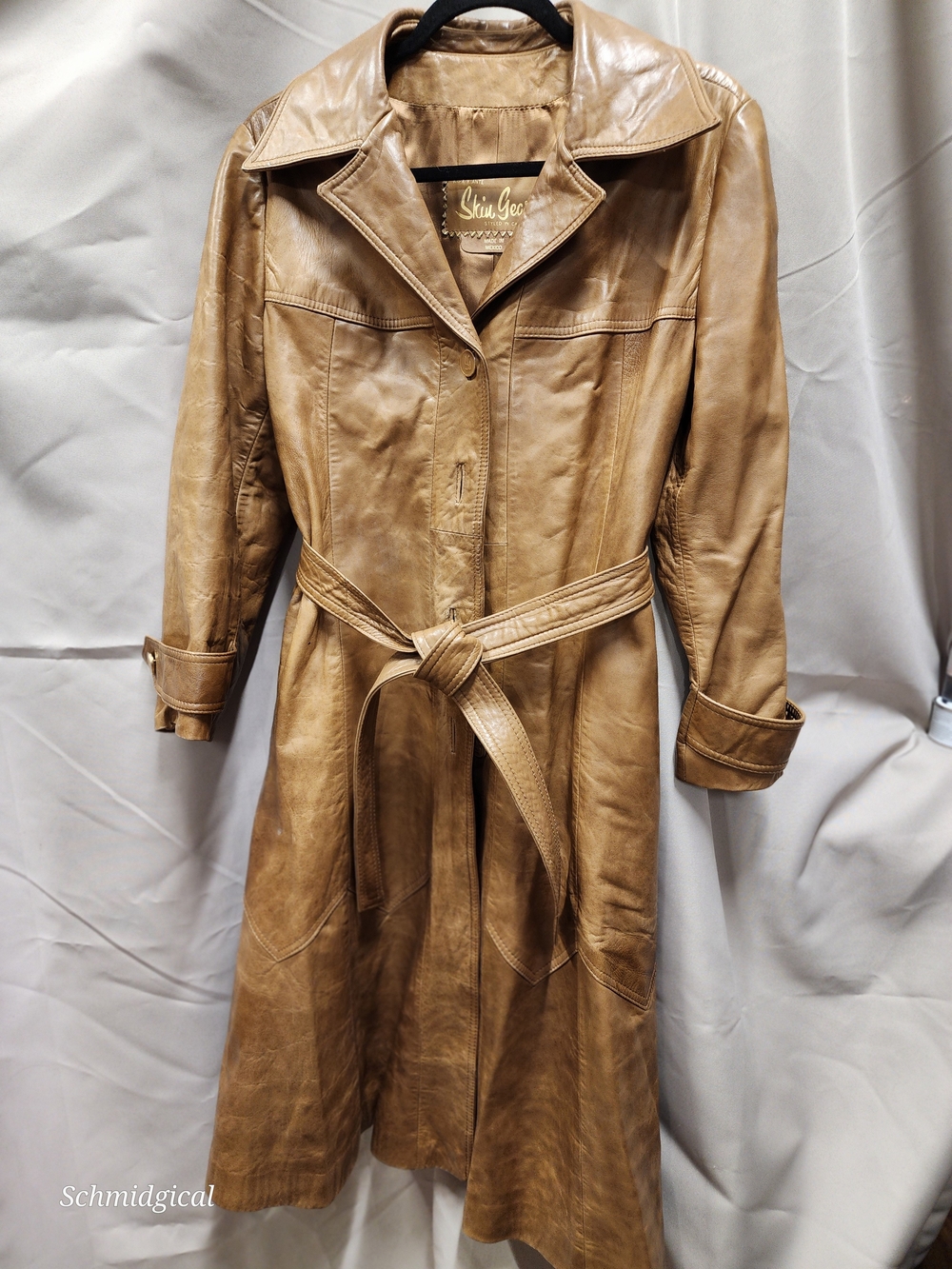 Women's Camel Faux Leather Trench Coat with‎ Tie Belt Vintage